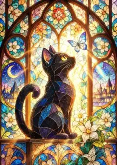 黒猫と蝶 花と月夜のステンドグラス風アート A3