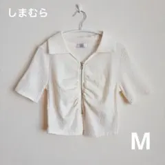 しまむら　シャーリング　ジップトップス　襟付き　アイボリー　M 美品