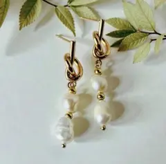 2連乳白色パール　結いピアス｜淡水パール　大人のゴールドアクセサリー S925
