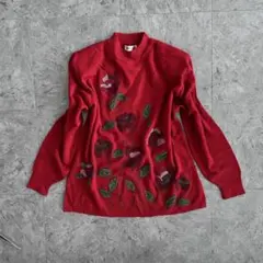 80’s サガラ刺繍 ウール混 花柄 ニット ハイネック 赤 M 昭和レトロ 冬
