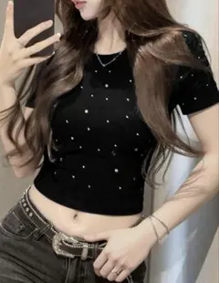 SHEIN ブラック ラインストーン 半袖 Tシャツ