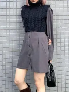 新品 EMODA ノーカラーシャツワンピース×タートルケーブルニットベスト