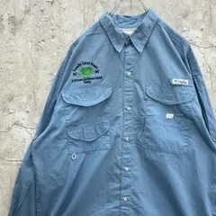 コロンビア　長袖　フィッシングシャツ　刺繍　亀　アウトドア　古着　ブルー　L