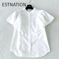 美品★ESTNATION★完売品！ギャザーラッフルブラウス 白ホワイト 36のサムネイル