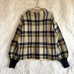 ハニカムサックルローズ チェック柄 ニット ボトルネック ボリューム袖 M