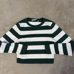 ZARA グリーン・ホワイトボーダー長袖トップス L