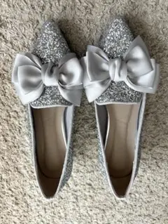 シルバー グリッター リボン フラットシューズ