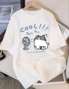 猫と扇風機のデザインTシャツ XXL