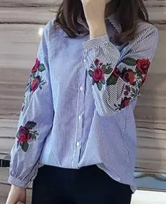新品L袖大振り花刺繍★ストライプ柄シャツブラウス♪★Lサイズ