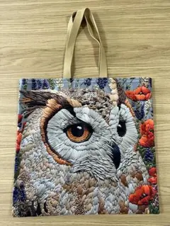 ハンドメイド ぺたんこトートショルダーバッグ フクロウ 猛禽類