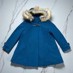 earth M&E ファー付きフード Aラインコート M 紺/青 ダッフル風