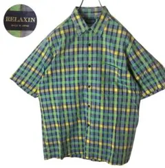 日本製レトロ古着グリーンベースマルチカラーチェック柄半袖シャツ