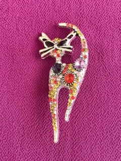 ブローチ　猫型ブローチ 多色ストーン　ビンテージブローチ