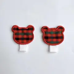 くま　赤チェック　ネームタグ　名札つけワッペン