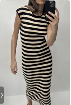 ZARA ストライプカットワークワンピース エクリュ/ブラック サイズS