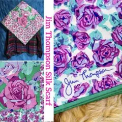 JIM THOMPSON ジムトンプソン　バラ柄シルク大判スカーフ　ローズ　緑紫