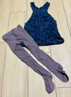 【ミニーマウス柄】美品 デニムワンピース90cm+タイツ80cm セット 女の子