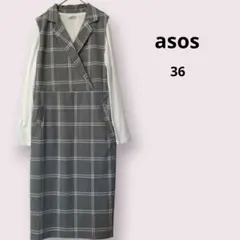 チェックワンピース グレー ミモレ丈 Iライン ジャンスカ風 ロングベスト