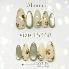 現品ネイルチップ　アーモンド　春　お花　グリーン　マグネット　ニュアンス