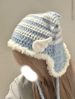 耳当て付き猫耳ニット帽 ハンドメイド 編み物 帽子y2k フラップキャップ