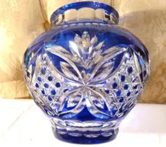 ◇【江戸切子】木村秋雄作クリア＆ブルーカラーフラワーベース（専用箱付）未使用品◇