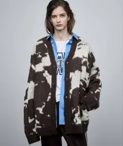 タイダイモヘアライクジャガード編み ビッグシルエットVネックニットカーディガン