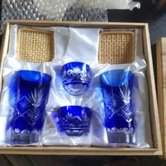 ②藍彩工房　 切子グラス2個＋ぐい呑みグラス 2個+コースター2個　3点セット品