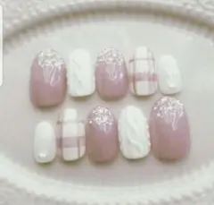 【オーダー専用】チェックニット柄ネイルチップくすみパープルピンクウインター冬可愛