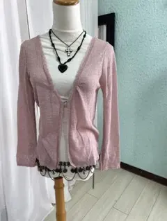 ピンク ニット カーディガン 長袖　ラメ　バレエコア