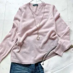 良品 カシミヤ100% セーター ニット Vネック 杢 長袖 ピンク 40