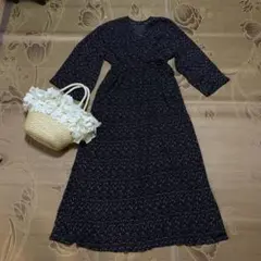 カスタネ　ネイビーフラワープリントロングワンピース