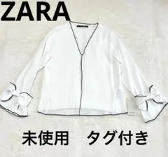 【未使用】ZARA リボン　フレア袖　フェミニン　ブラウス　アメリカMサイズ