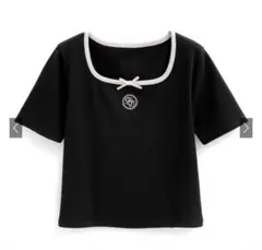 ♥ GRL 配色リボンロゴ刺繍テレコリブトップス - ブラック ♥