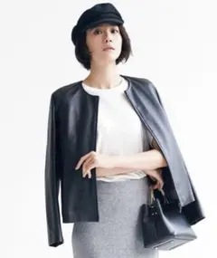 美品✨自由区　レザージャケット　ノーカラー　ブラック　大きいサイズ50 美品✨自由区 レザージャケット ノーカラー ブラック 大きいサイズ50