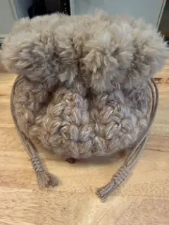 【ハンドメイド】ふわもこ♪ ニット×フェイクファー 巾着バッグ ベージュ