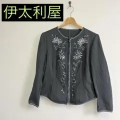 イタリヤ　刺繍スパンコール付きノーカラージャケット グレー