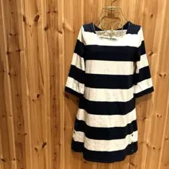 【アーヴェヴェ スタンダード】チュニック　七分袖　ボーダー柄　袖ゴム入　紺白系