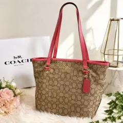 COACH トートバッグ シグネチャー レザー 肩掛け ピンク A4収納可のサムネイル