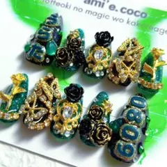 【sample】オーダーネイルチップ 推し活 付け爪 つけ爪 緑 黒 ゴールド