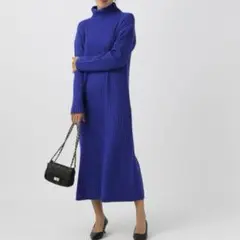 ベイフロー(F)リブニットロングワンピース　タートルネック　プルオーバー　青