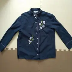 VertDense ネイビー刺繍七分袖シャツ