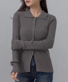 DAY CLOSET ポロカラー フロントボタン 細リブ ニット トップスのサムネイル