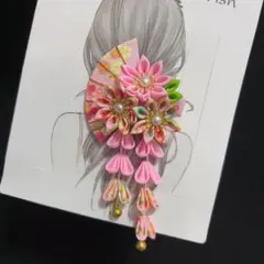 963 髪飾り 和装 つまみ細工 花飾り　ちりめん　七五三　お正月　ピンク　桃色
