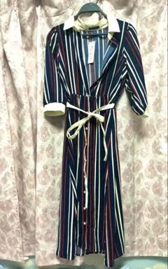 Magic Sound ストライプ柄 シャツワンピース ネイビー M