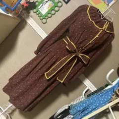 レトロ古着 ●ドット柄● ウエストリボン付き 長袖ワンピース ヴィンテージ 古着