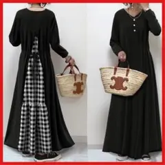 ロングワンピース ギンガムチェック モノトーン　シンプル　体型カバー　カジュアル