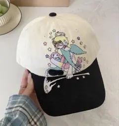 y2k 平成ギャル 天使と鎌の刺繍入り ヴィンテージ加工 ベースボールキャップ白のサムネイル