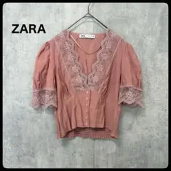 ZARA ザラ レースブラウス ピンク XSサイズ パフスリーブ トップス