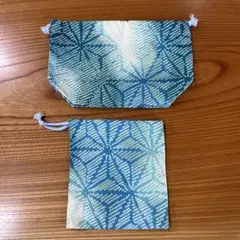 青色の葉模様 お弁当袋とコップ袋2点セット