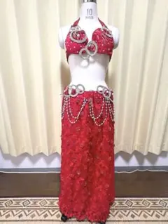 【値引交渉可】ベリーダンスオリエンタル衣装　赤 　花柄レース巻スカート